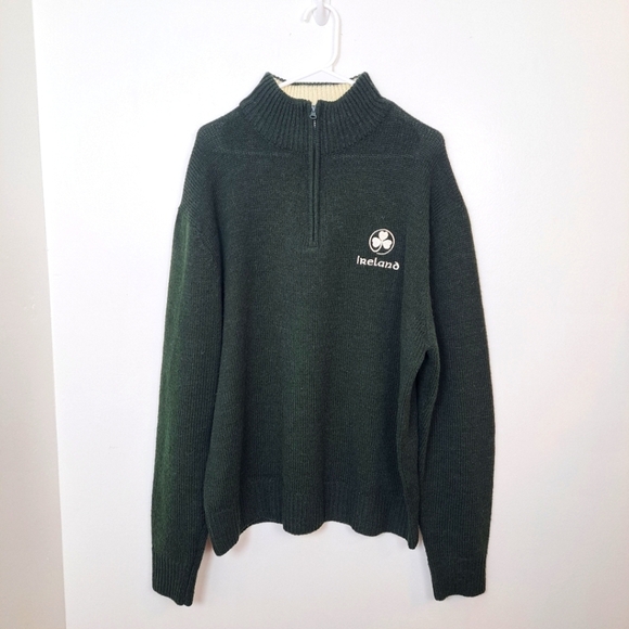 Vintage Green 1/4 Zip Wool Blend Mock Neck Ireland Embroidered Sweater Size 2XL - Picture 1 of 8